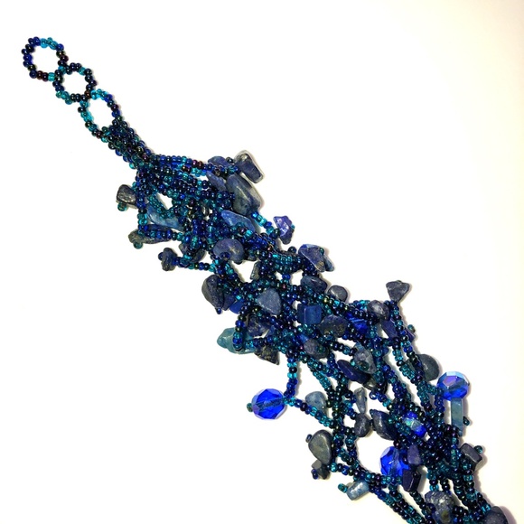 HANDMADE Lapis Lazuli Pebble Seed Crystal Bead Beaded Bracelet Peacock Blue NEW! - Picture 8 of 12